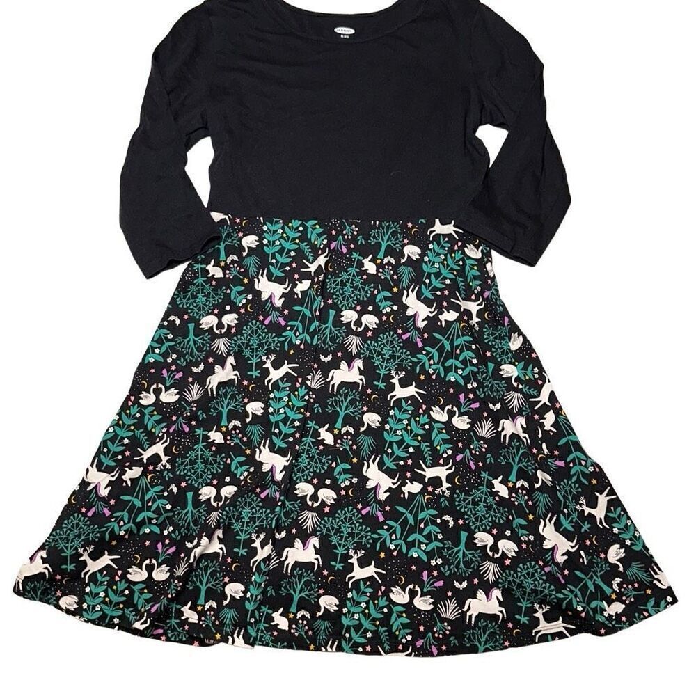 NWOT Old navy 3/4 sleeve whimsical unicorn, swan dress sz XL 14 black and green